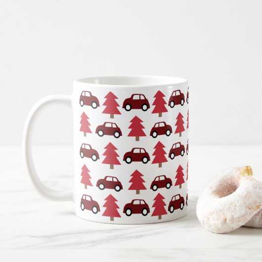 Mooie rode speelgoedauto kerstboom koffiemok (Met donut)