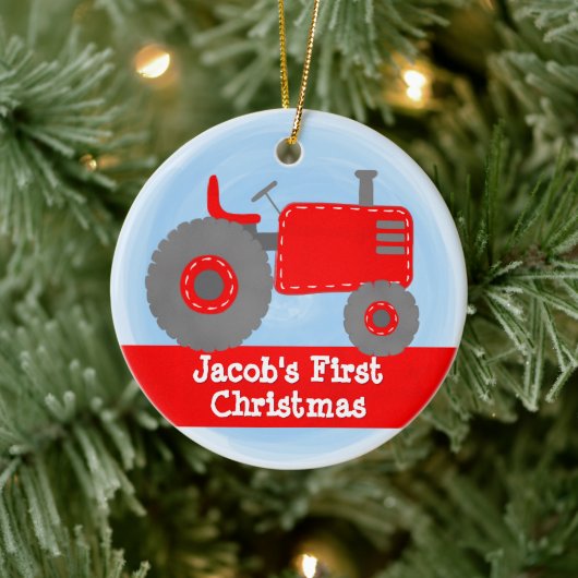 Mooie Rode Tractor Baby's Eerste Kerstmis Aquarel Keramisch Ornament (Boom)