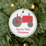 Mooie Rode Tractor Baby's Eerste Kerstmis Keramisch Ornament<br><div class="desc">Dit ontwerp bevat onze schattige rode tractor met een stippelrand. Klik op de aanpassen knop voor meer flexibiliteit bij het wijzigen van de tekst! Variaties van dit ontwerp, extra kleuren en bijpassende producten zijn beschikbaar in onze winkel, zazzle.com/store/doodlelulu. Neem contact met ons op als je dit ontwerp wilt op een...</div>