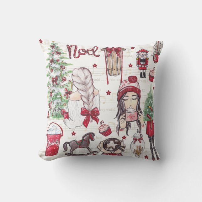 Mooie Rode Waterverf kersthand geschilderd Kussen (Voorkant)