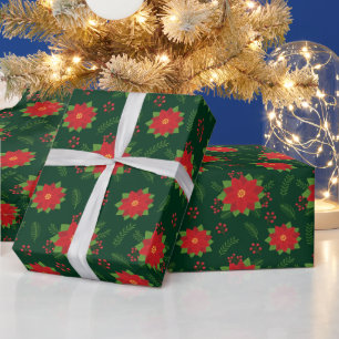 Mooie Rode Winter Poinsettia op Groen Patroon Cadeaupapier