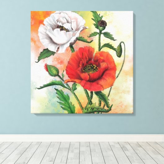Mooie rode witte bloem canvas print papavers (Insitu (Houten vloer))