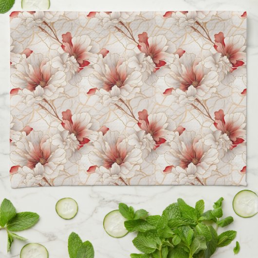 Mooie rode witte bloemen theedoek (Gevouwen)