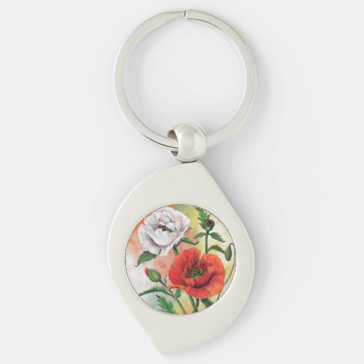 Mooie Rode Witte Klaproos Sleutelhanger (Voorkant)