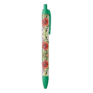 Mooie rode witte papavers - gemanipuleerde schilde blauwe inkt pen