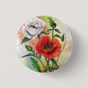 Mooie rode witte papavers - gemanipuleerde schilde ronde button 3,2 cm