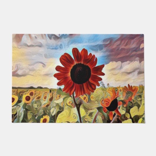 Mooie rode zonnebloem in veld Digitale kunst Deurmat (Voorkant)