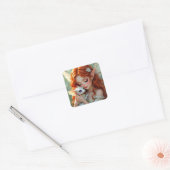 Mooie Rodeharige Fee met Draak Vierkante Sticker (Envelop)