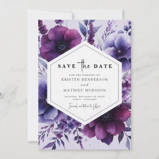Mooie Romance Paarse Bloemen bruiloft Save The Date (Voorkant)