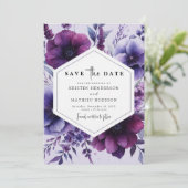 Mooie Romance Paarse Bloemen bruiloft Save The Date (Staand voorkant)