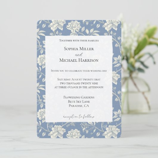 Mooie Romantische Blauwe Crème Bloemen Bruiloft Kaart (Staand voorkant)