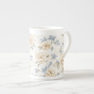 Mooie Romantische Blauwe Crème Bloemen   Porselein Kop