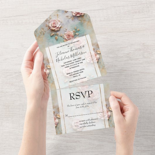 Mooie Romantische Blush Roze Romantische Rozen All In One Uitnodiging (Afscheurbaar)