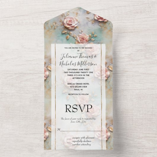 Mooie Romantische Blush Roze Romantische Rozen All In One Uitnodiging (Binnen)