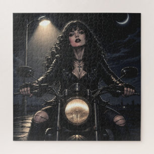 Mooie Romantische Gotische Vrouw op Motorfiets Legpuzzel