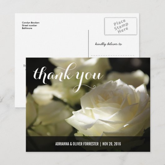 Mooie romantische witte roos bruiloft bedankt briefkaart (Voorkant / Achterkant)