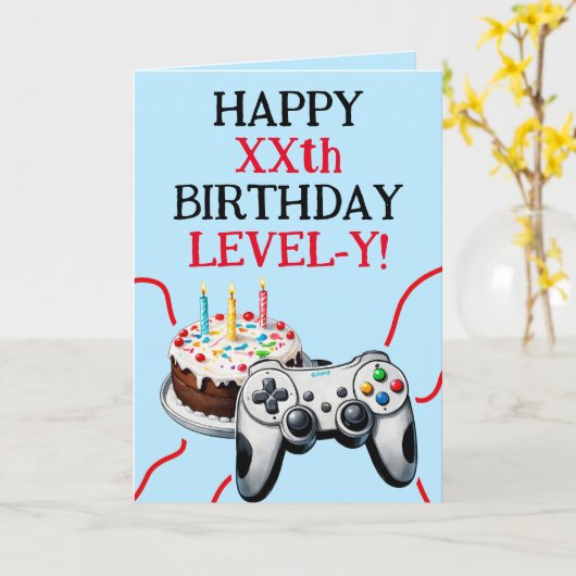 Mooie Rood & Blauw Game Controller Cake Verjaardag Kaart (Gele Bloem)