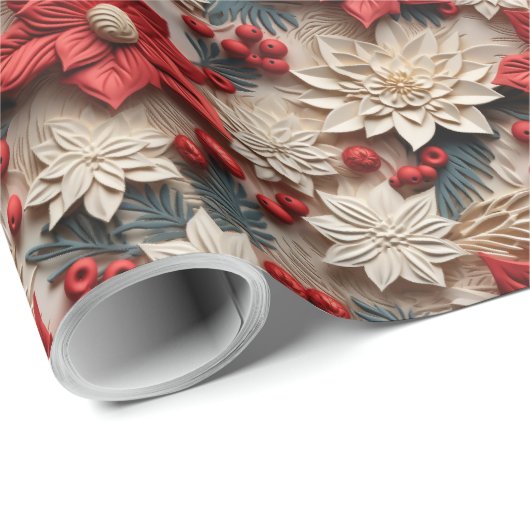 Mooie Rood en Wit 3D Poinsettias Cadeaupapier (Rol Hoek)