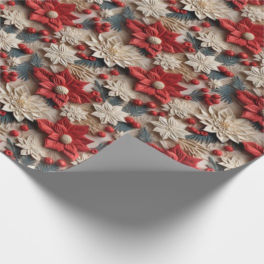 Mooie Rood en Wit 3D Poinsettias Cadeaupapier (Hoek)