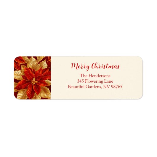 Mooie Rood Goud Poinsettias Kerst Etiket (Voorkant)