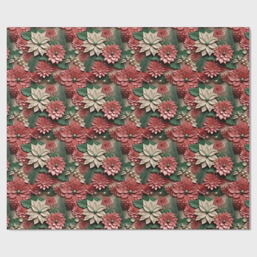 Mooie Rood Groen en Wit 3D Poinsettias Cadeaupapier (Vlak)