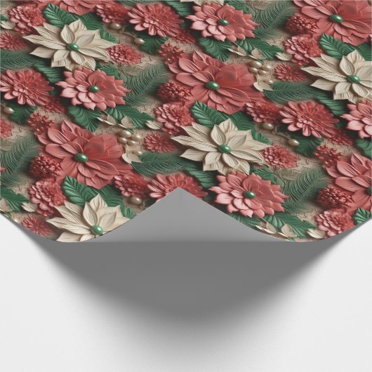 Mooie Rood Groen en Wit 3D Poinsettias Cadeaupapier (Hoek)