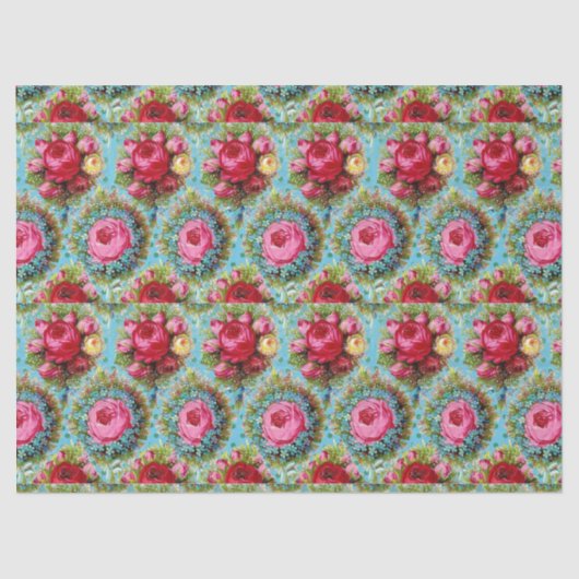 MOOIE ROOD ROZE GELE ROZEN IN BLAUW TISSUEPAPIER (Voorkant)