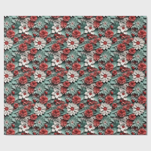 Mooie Rood Wit en Groen 3D Poinsettias Cadeaupapier (Vlak)