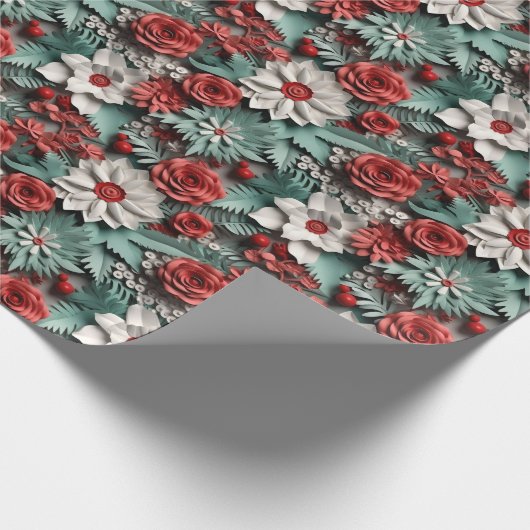 Mooie Rood Wit en Groen 3D Poinsettias Cadeaupapier (Hoek)