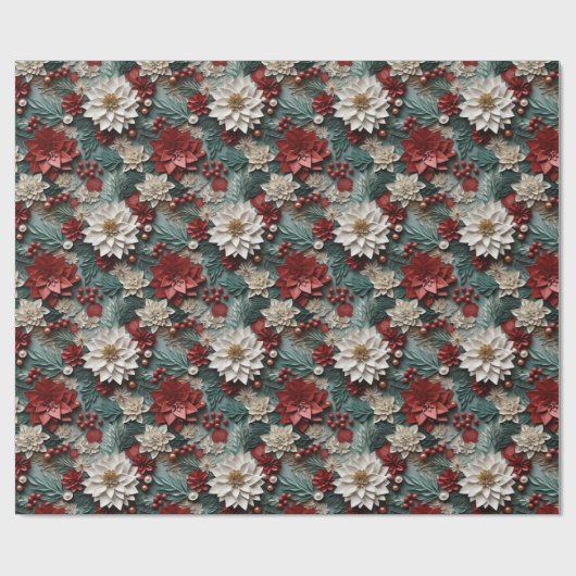 Mooie Rood Wit en Groen 3D Poinsettias Cadeaupapier (Vlak)