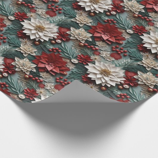 Mooie Rood Wit en Groen 3D Poinsettias Cadeaupapier (Hoek)