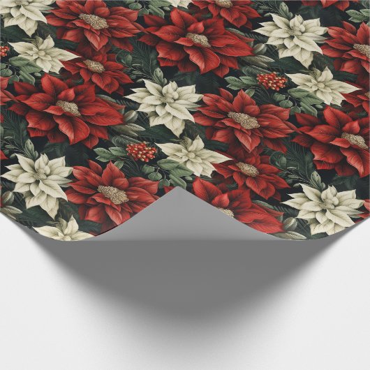 Mooie Rood Wit en Groen Poinsettia Cadeaupapier (Hoek)