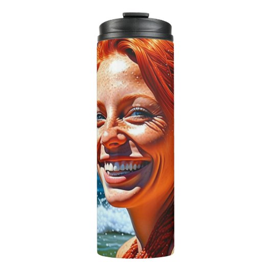 Mooie roodharige dame op het strand thermosbeker (Voorkant)