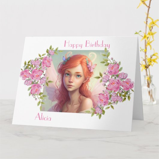 Mooie Roodhoofd Fairy meid. Kaart (Gele Bloem)