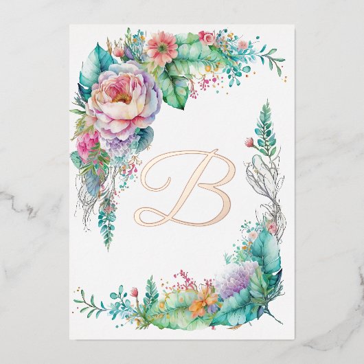 Mooie Roos Botanische Bloemige Monogram Folie Uitnodiging (Voorkant)