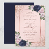 Mooie Roos Gold Navy Blue Blush Bloemen Huwelijk Kaart (Voorkant / Achterkant)