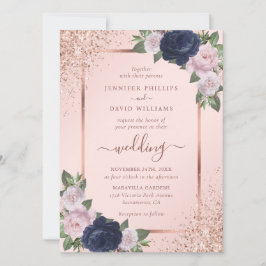 Mooie Roos Gold Navy Blue Blush Bloemen Huwelijk Kaart