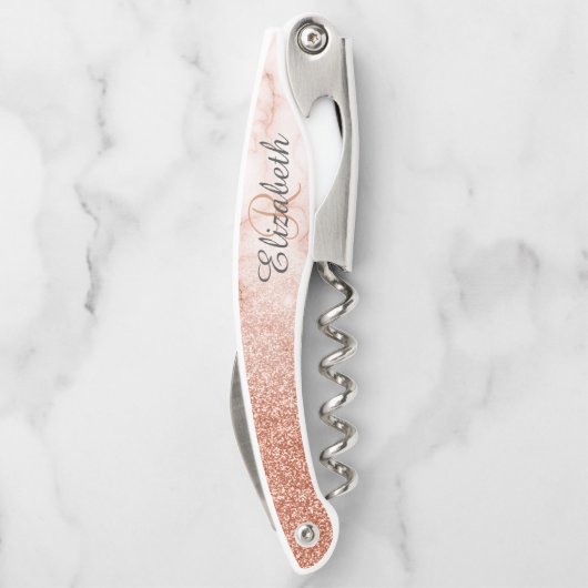 Mooie Roos Goud Marmer Monogram Glitter Kurkentrekker (Achterkant)