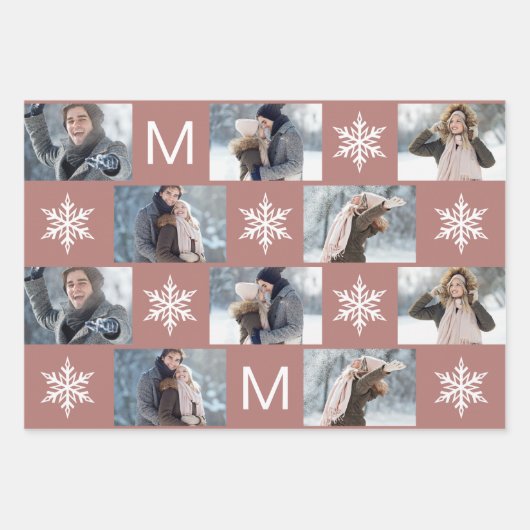 Mooie Roos Snowflakes Monogram Fotocollage Inpakpapier Vel (Voorkant 3)