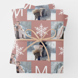 Mooie Roos Snowflakes Monogram Fotocollage Inpakpapier Vel