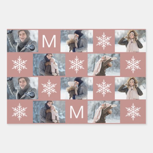 Mooie Roos Snowflakes Monogram Fotocollage Inpakpapier Vel (Voorkant)