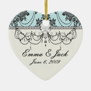 Mooie roos zwart en babyblauw damast keramisch ornament