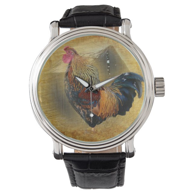 Mooie Rooster en Rustic Barn Chicken Coop Horloge (Voorkant)