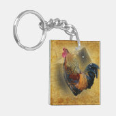 Mooie Rooster en Rustic Barn Chicken Coop Sleutelhanger (Voorkant Links)
