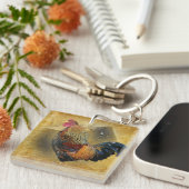 Mooie Rooster en Rustic Barn Chicken Coop Sleutelhanger (Voorkant Rechts)