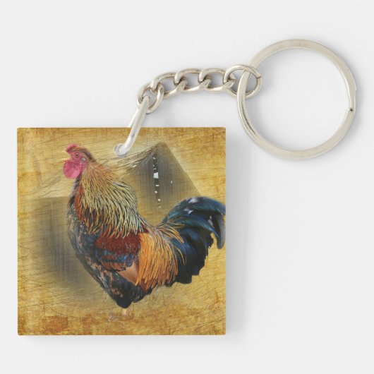 Mooie Rooster en Rustic Barn Chicken Coop Sleutelhanger (Achterkant)