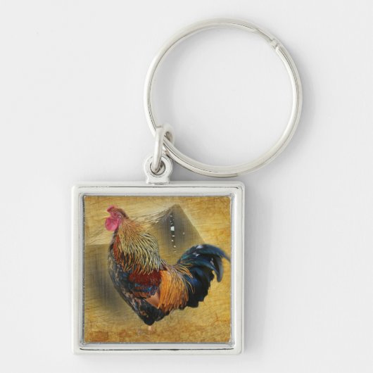 Mooie Rooster en Rustic Barn Chicken Coop Sleutelhanger (Voorkant)
