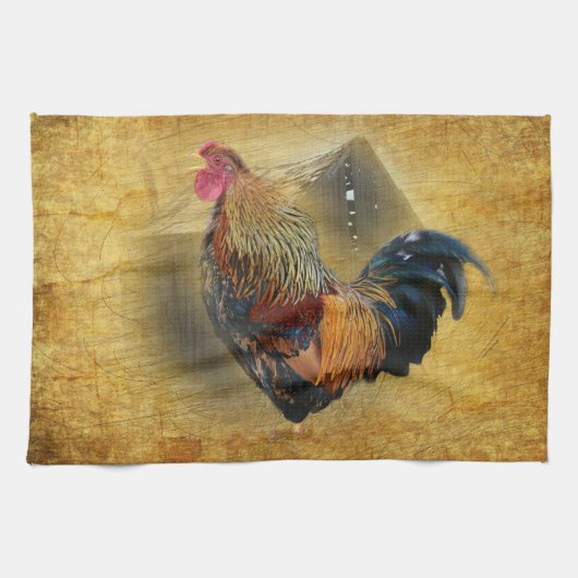 Mooie Rooster en Rustic Barn Chicken Coop Theedoek (Horizontaal)