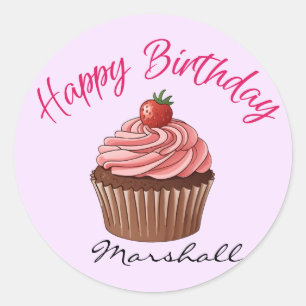Mooie Roze Aardbei Cupcake Gelukkige Verjaardag Ro Ronde Sticker
