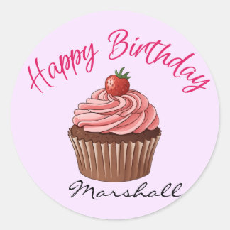 Mooie Roze Aardbei Cupcake Gelukkige Verjaardag Ro Ronde Sticker